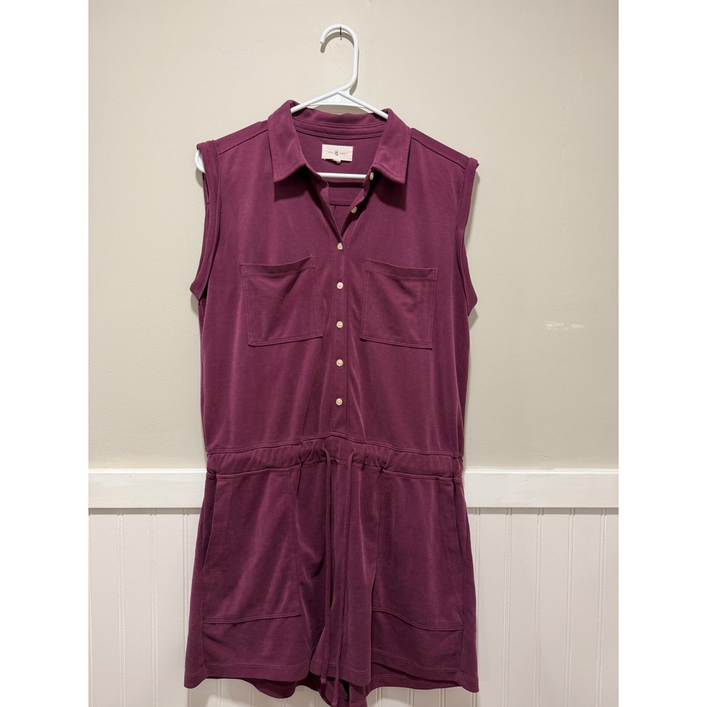 Lou & Grey Cap Sleeve Romper Button Down Raspberry Purple Loungewear Women Sz M